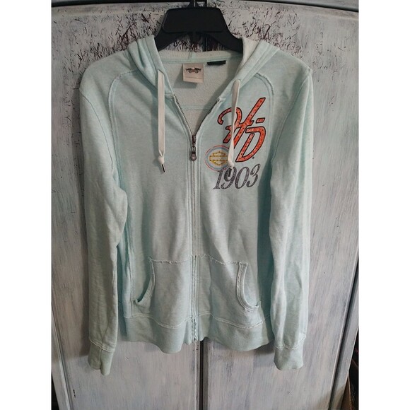 Harley-Davidson Jackets & Blazers - Harley-Davidson Rhinestone Hooded Jacket Blue Medium Motorcycle Y2K